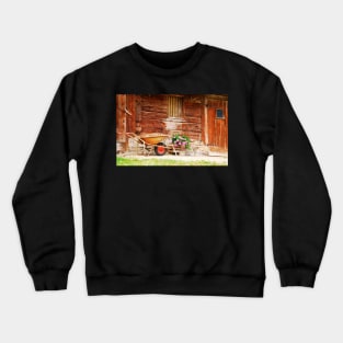 Rusted Wheelbarrow in Front of Wooden Farm House Crewneck Sweatshirt